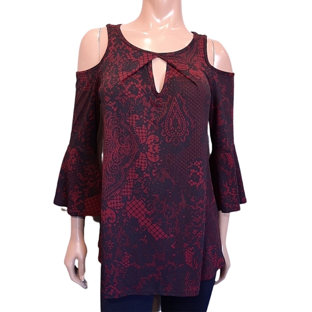 Laura Cold Shoulder Bell Sleeve Lace Print Top Goth Vamp Red Womens Small